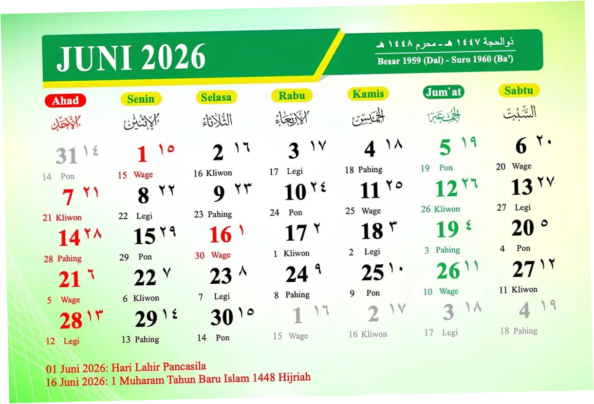 Kalender Juni 2026: Tanggal Merah, Libur Nasional, dan Cuti Bersama