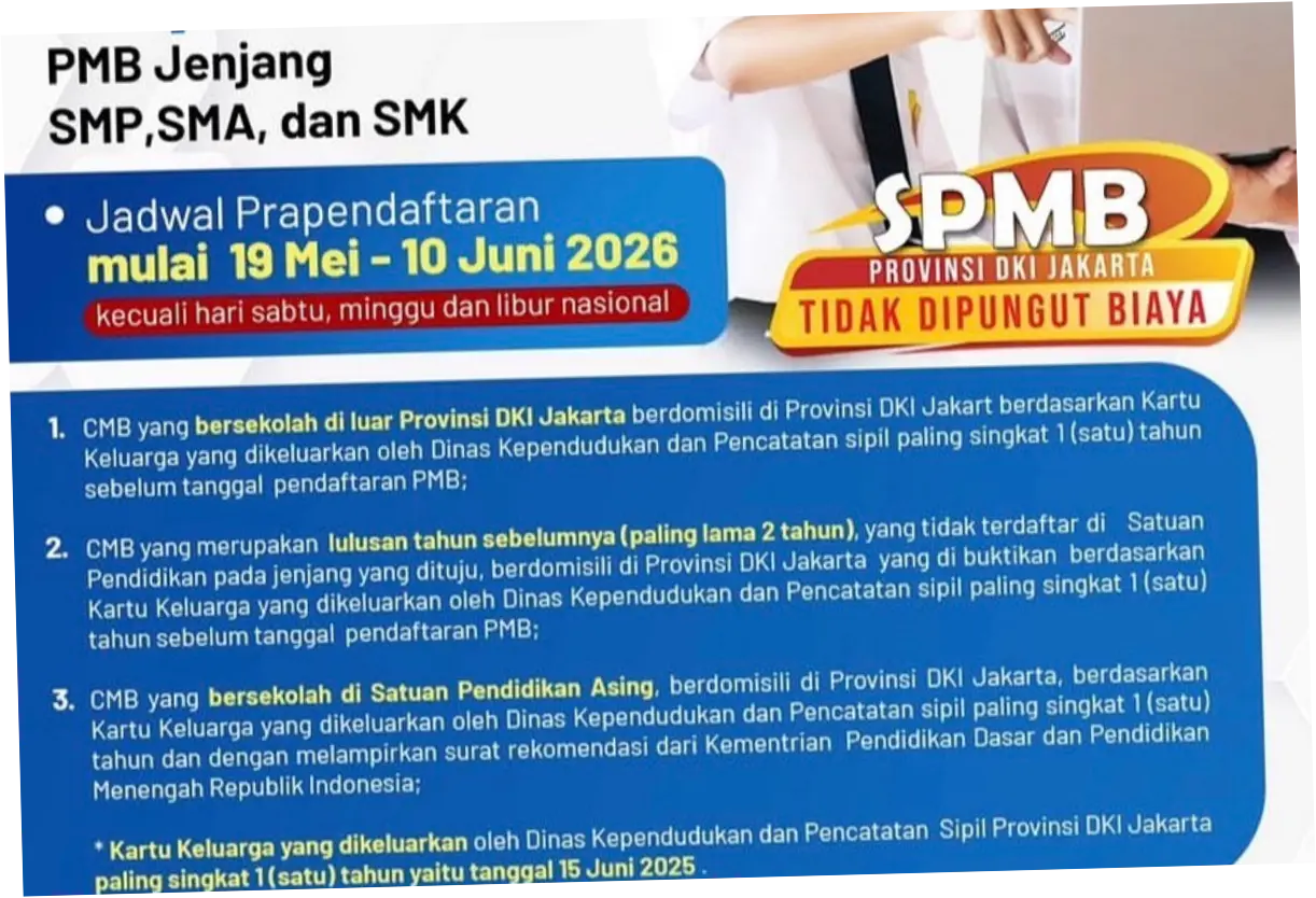 Pendaftaran SPMB DKI Jakarta 2026 Dibuka: Cek Aturan Tahap 2 serta Jalur Domisili