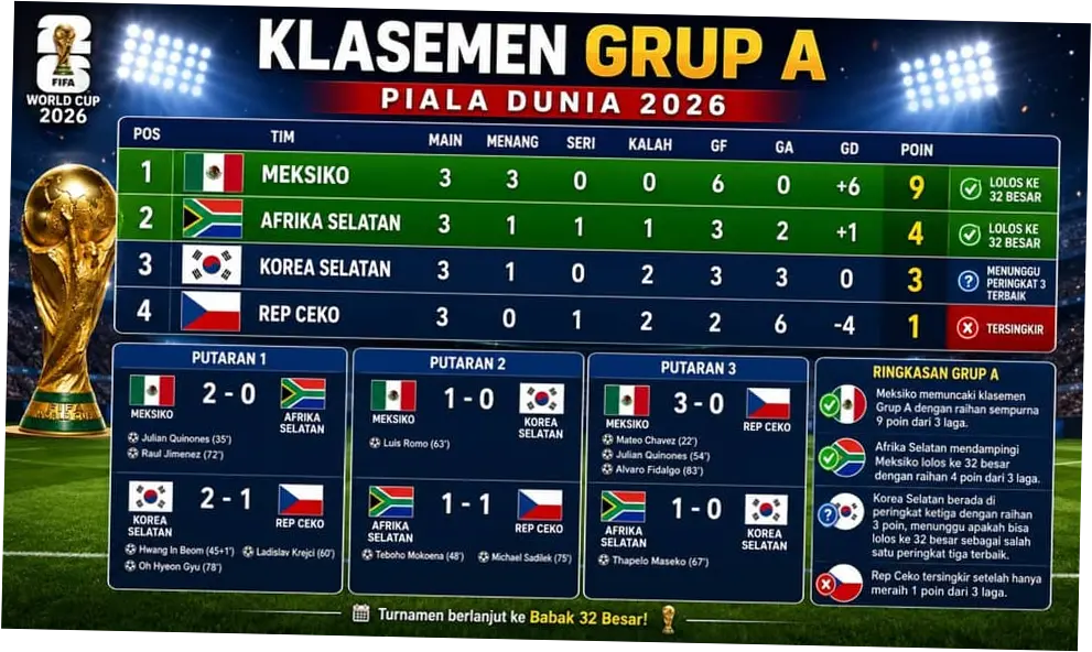 Piala Dunia 2026: Meksiko Sempurna, Afsel Kedua, Korsel Tunggu Nasib