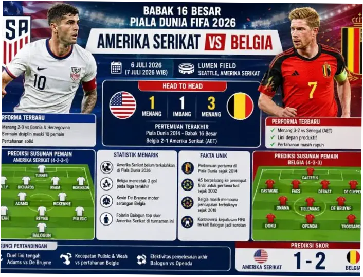 Prediksi Skor Amerika Serikat Vs Belgia di Piala Dunia 2026: Duel Sengit Perebutan Tiket Perempat Final